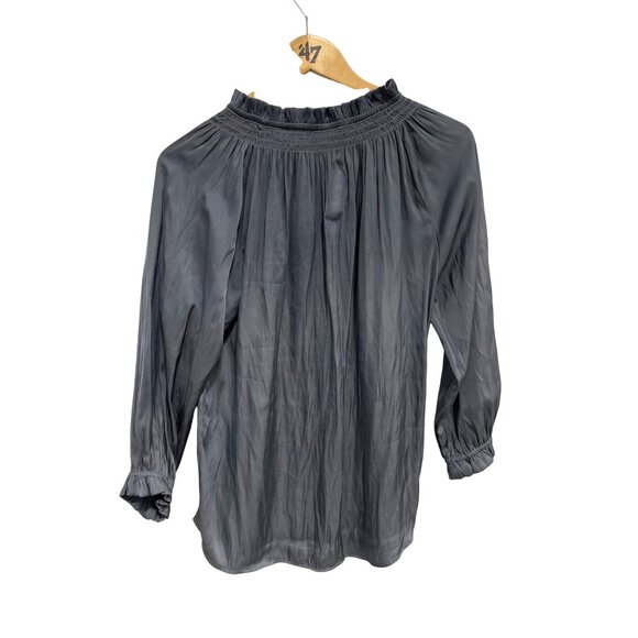 Carmen Marc Valvo Satin Blouse Size Small Smocked Tie Neck Blue Stone Office NEW - Picture 3 of 8